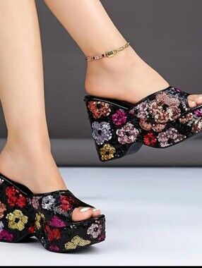 Sequin Floral Platform Mules in Black Multicolor